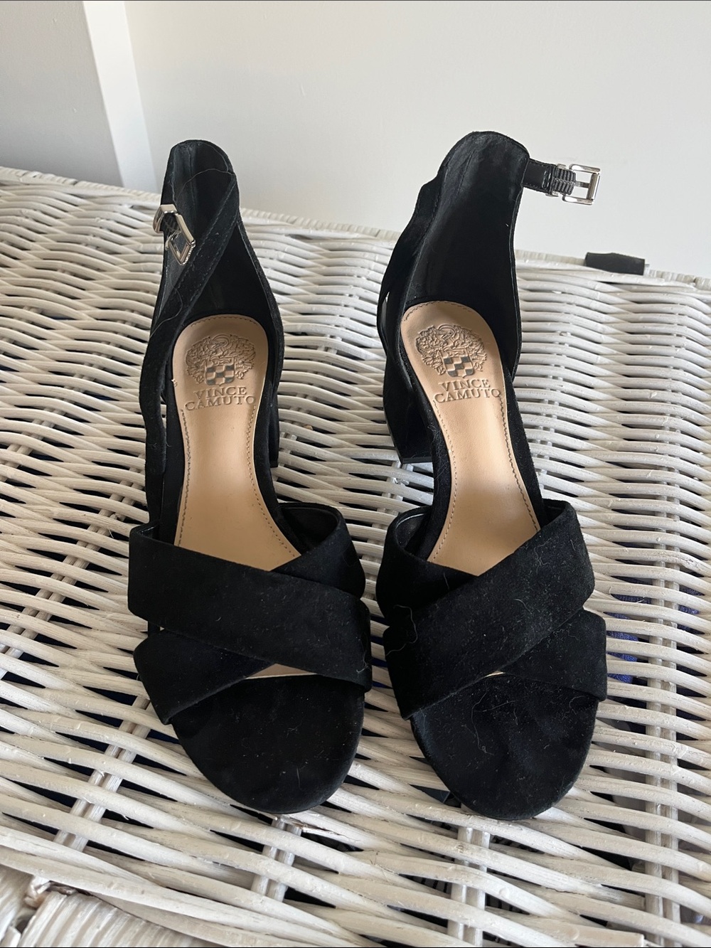 Vince Camuto Black Suede Crisscross Ankle-Strap Heels